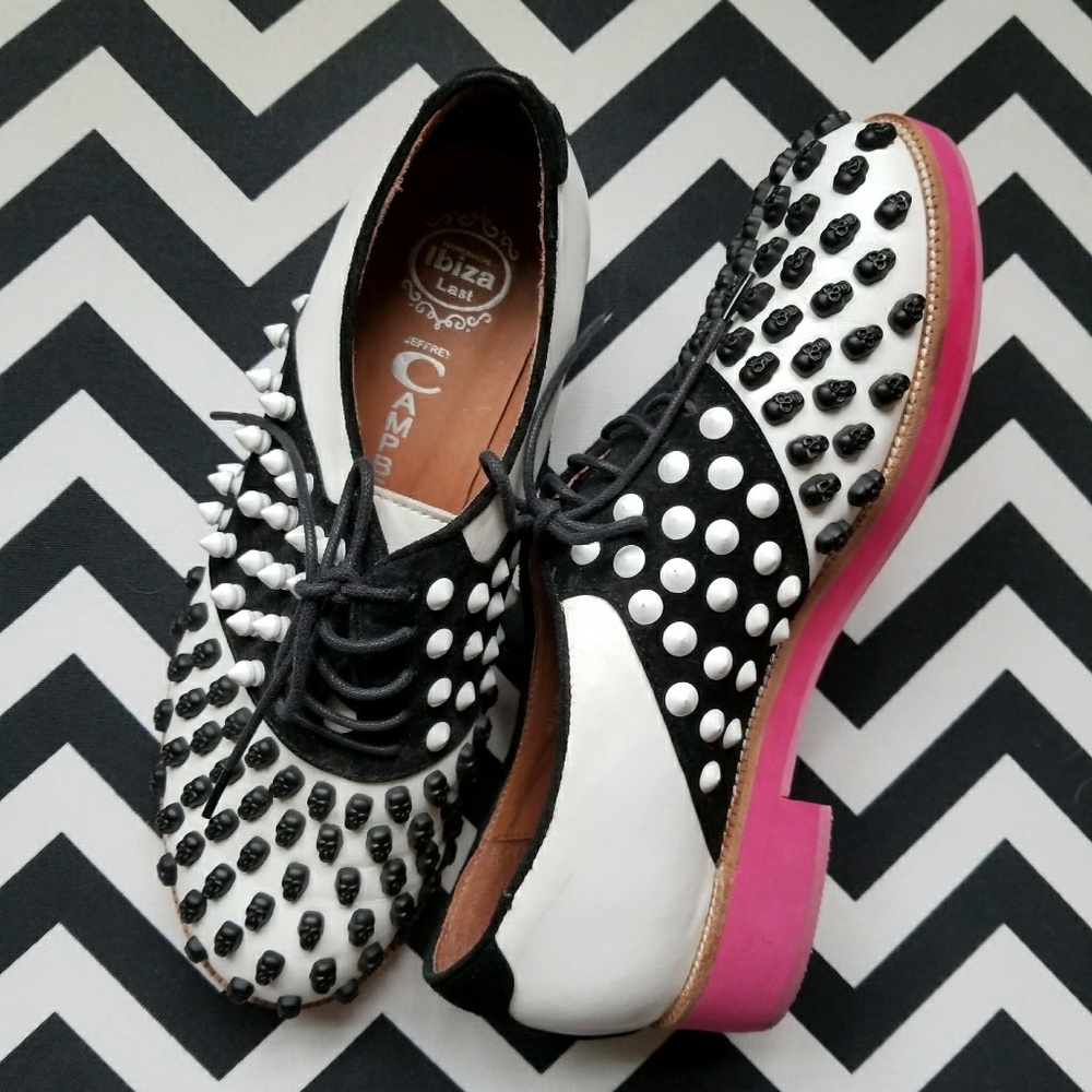 Jeffrey Campbell Black & White Studded Lace-Up Flats with Pink Soles - Picture 2 of 4